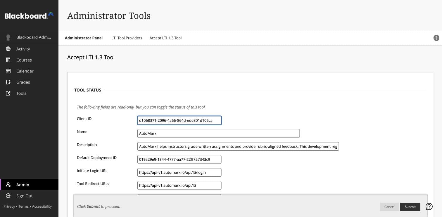 Review the AutoMark LTI registration