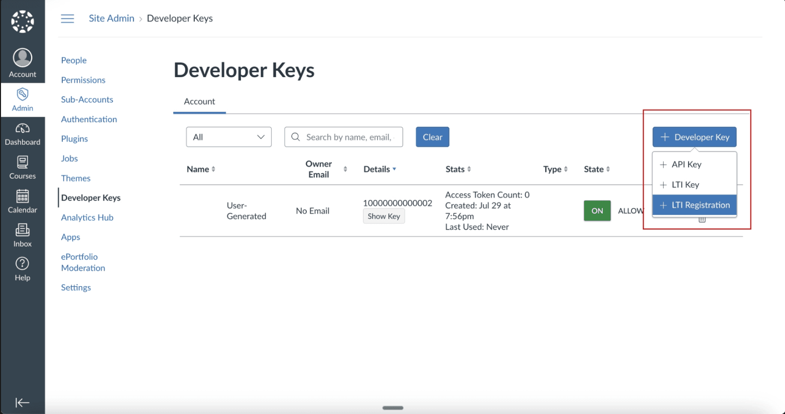 Developer Keys page