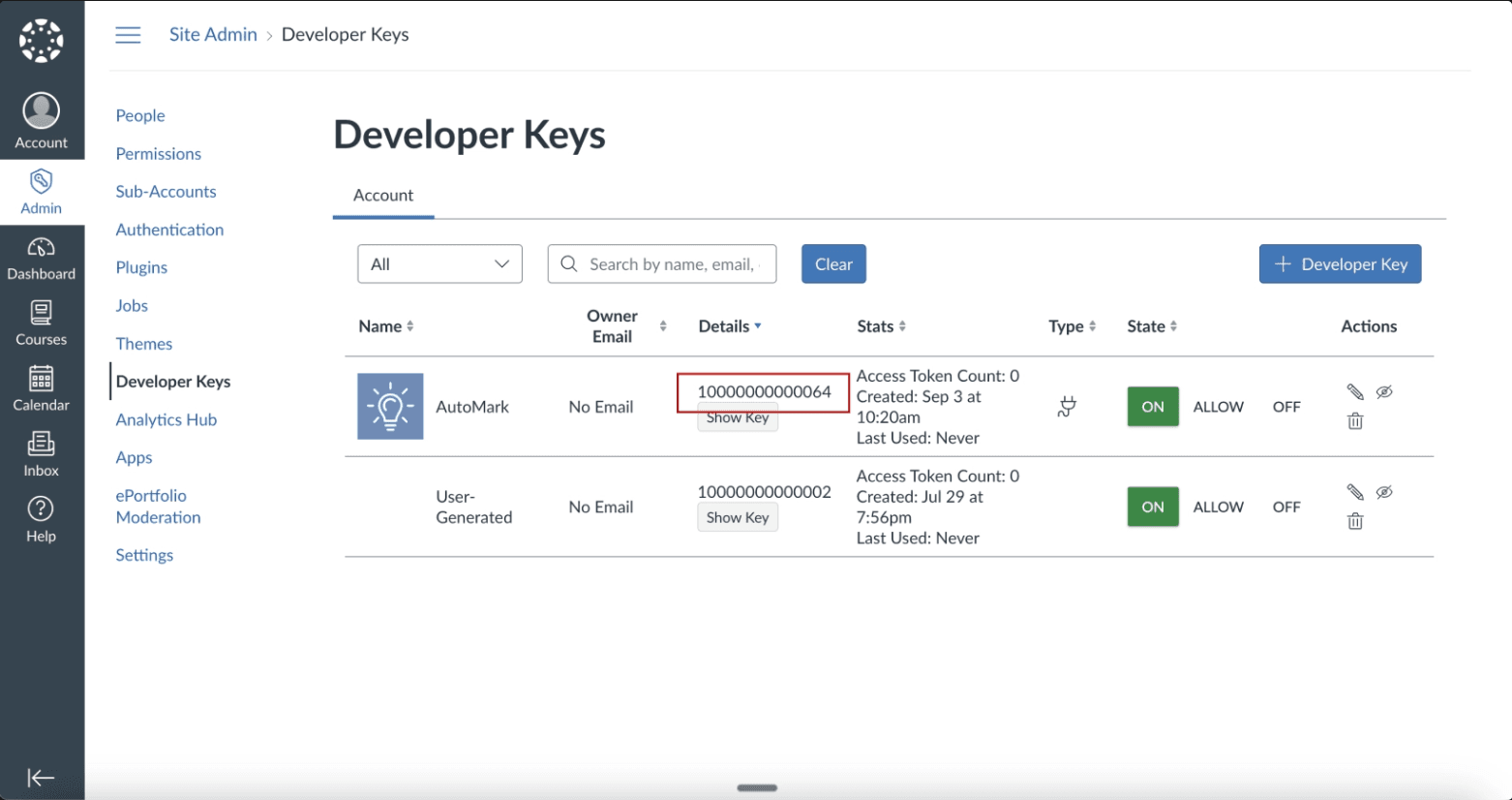 Developer Key ON status